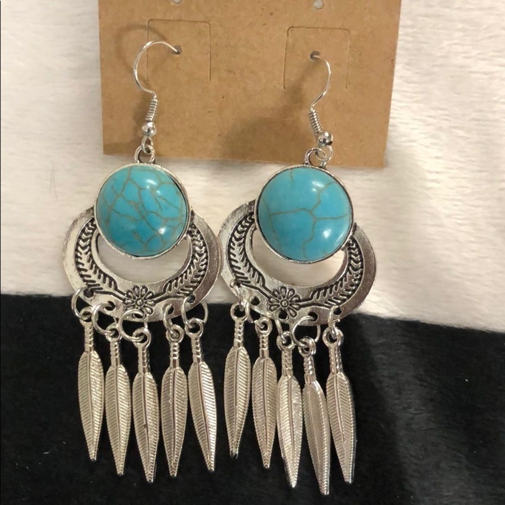 Turquoise Silver Dream Cather Dangle Earrings
